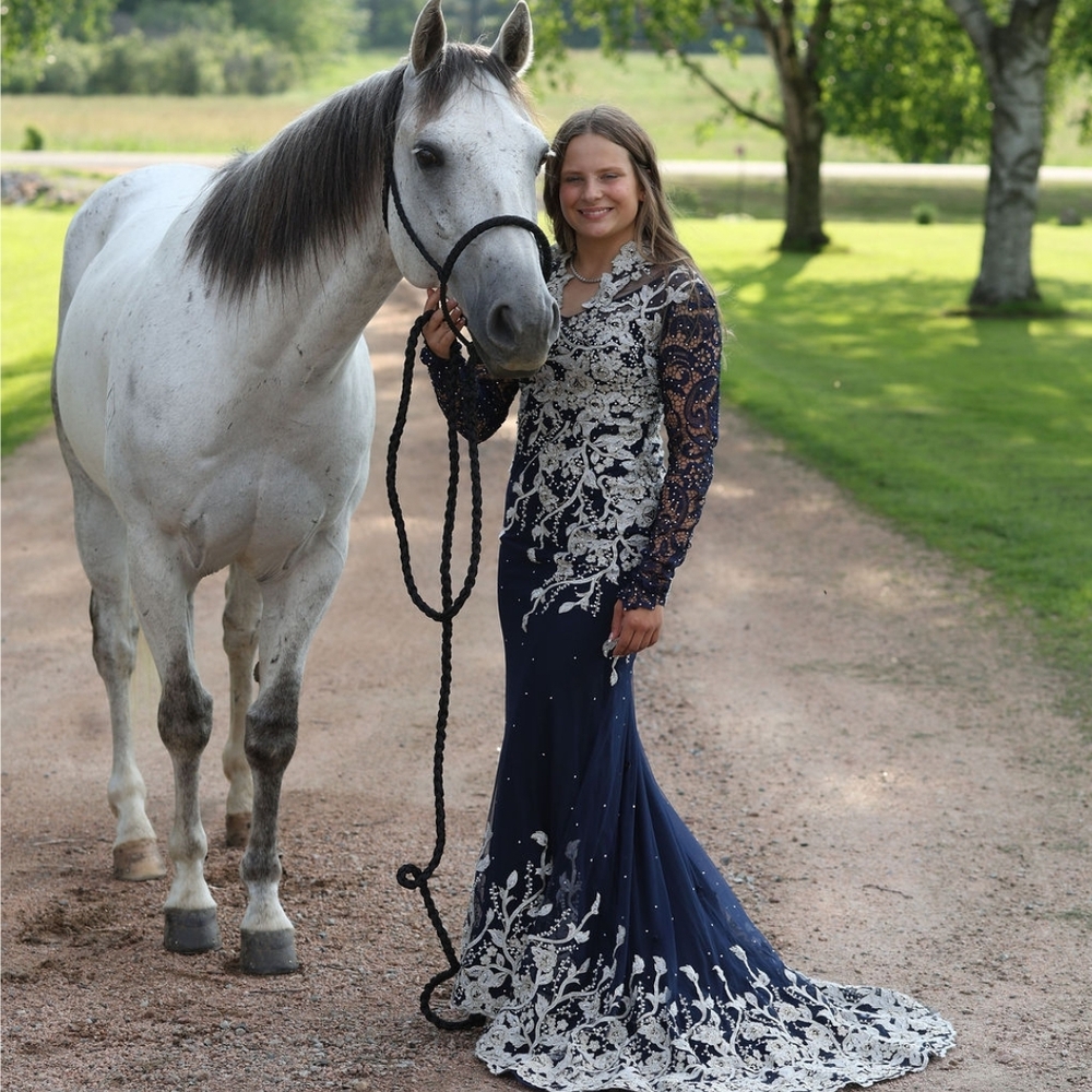 Elegant Navy and White Lace Evening Gown
